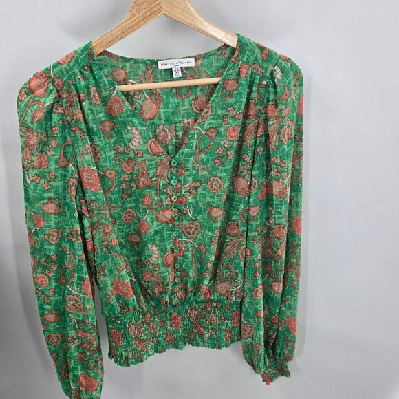 Maison d'Amelie Paris Green Ruched Elastic Cropped Long Sleeved Blouse Small - Picture 1 of 13